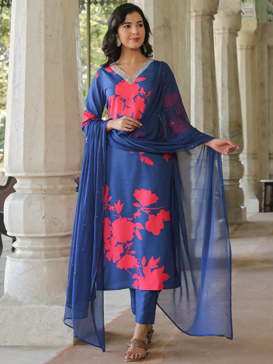 

Anni Designer Floral Printed Beads and Stones Straight Kurta with Trousers & With Dupatta, Blue