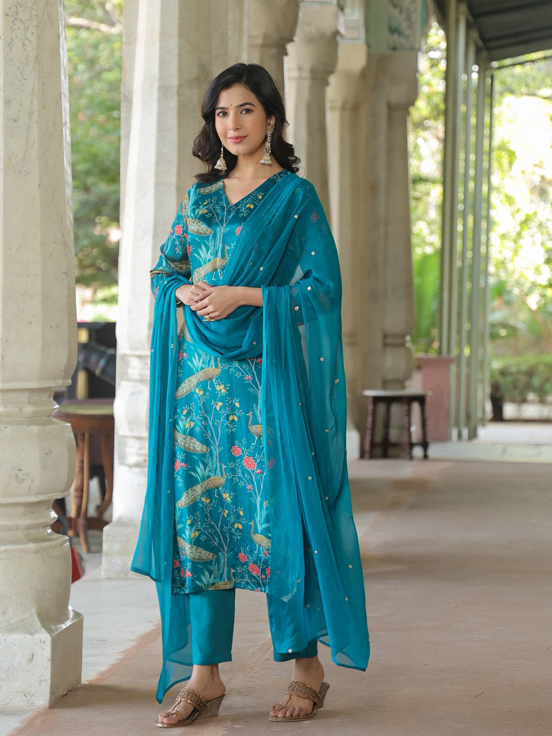 

Anni Designer Floral Printed V-Neck Mirror Work Straight Kurta with Trousers & Dupatta, Turquoise blue