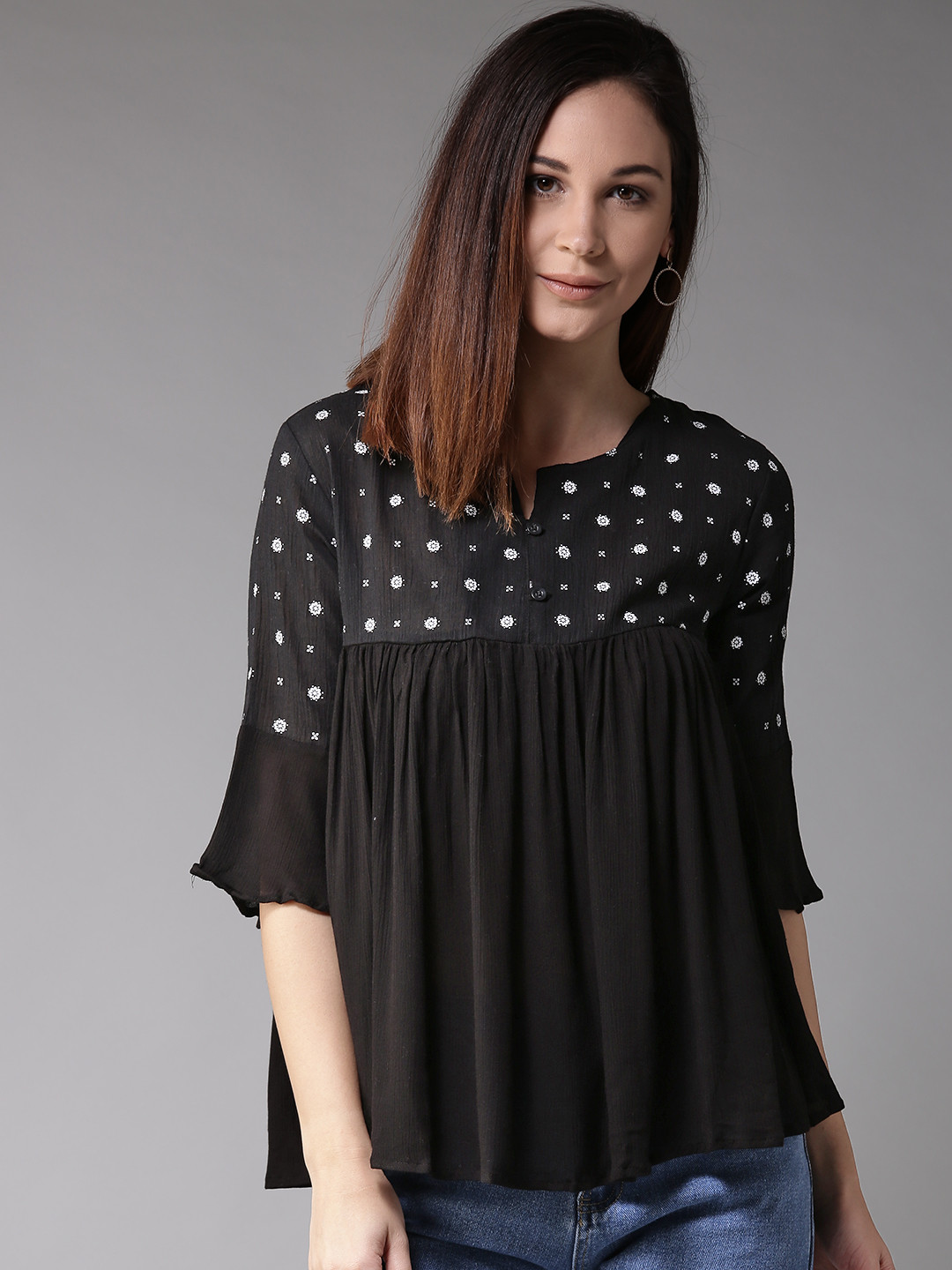 

HERE&NOW Black Ethnic Motifs Pleated Empire Top With Bell Sleeves