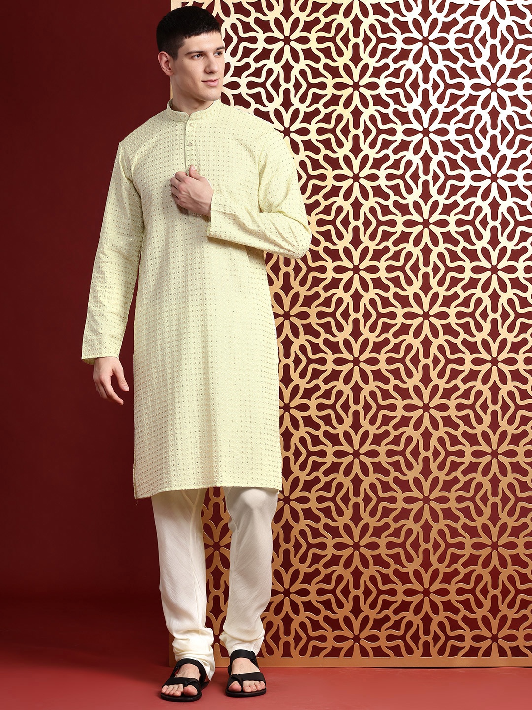 

MANQ Men Embroidered Sequinned Pure Cotton Kurta with Churidar, Sea green