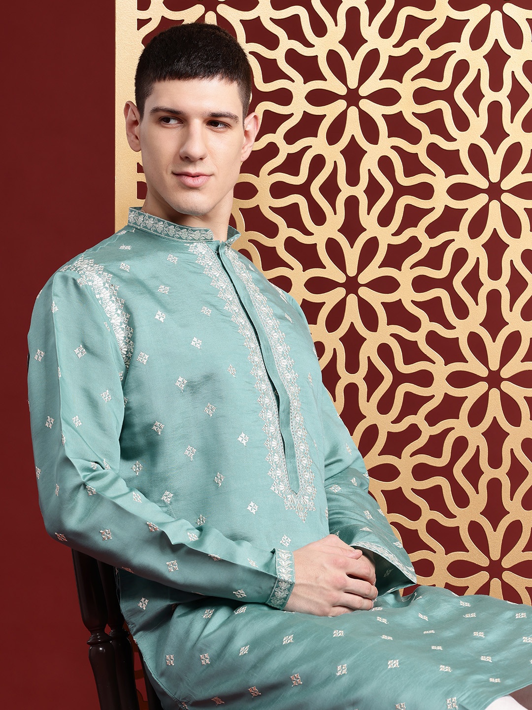 

MANQ Ethnic Motifs Embroidered Sequinned Pure Cotton Kurta with Churidar, Sea green