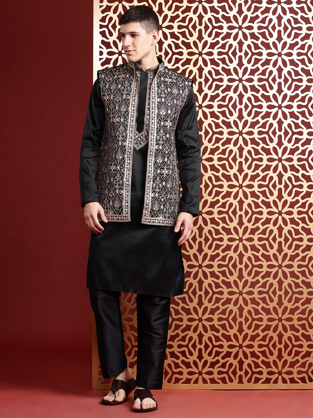

MANQ Ethnic Motifs Embroidered Sequinned Pure Cotton Kurta with Trousers & Nehru Jacket, Black