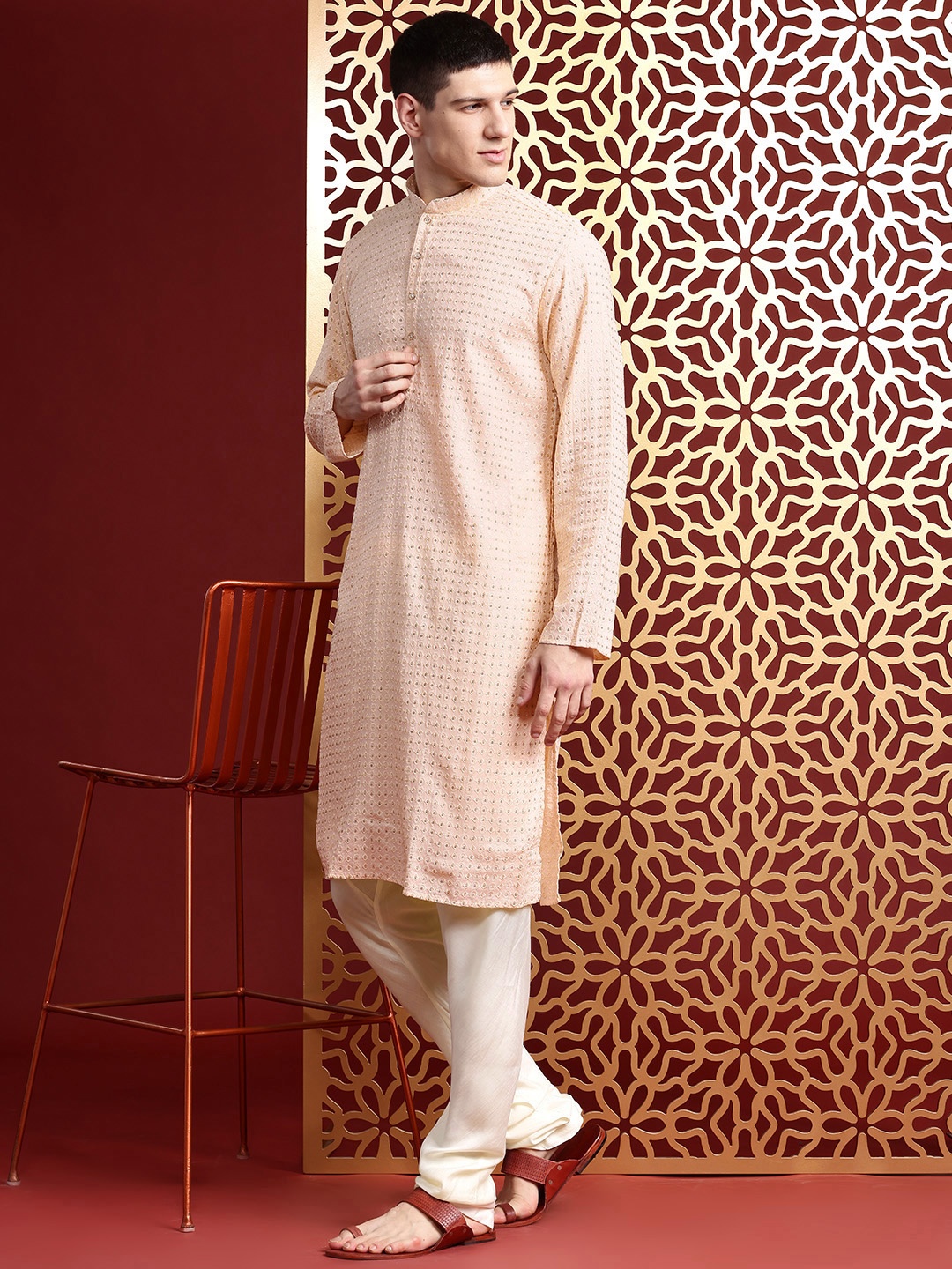 

MANQ Men Embroidered Sequinned Pure Cotton Kurta with Churidar, Peach