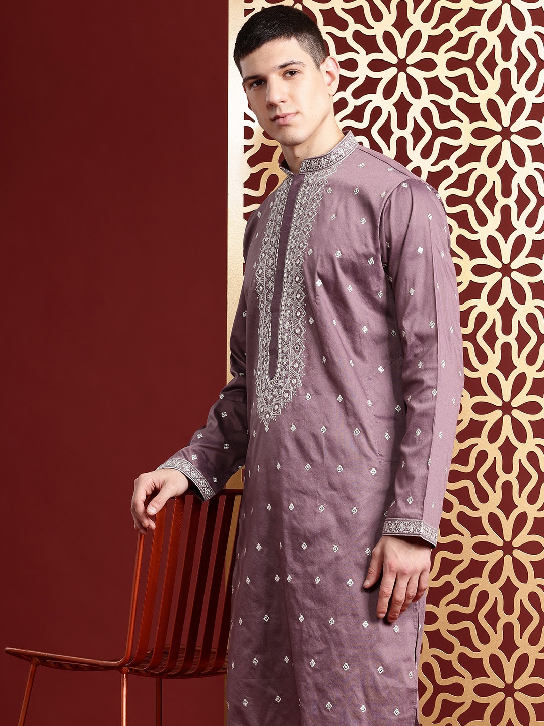 

MANQ Ethnic Motifs Embroidered Sequinned Pure Cotton Kurta with Churidar, Mauve