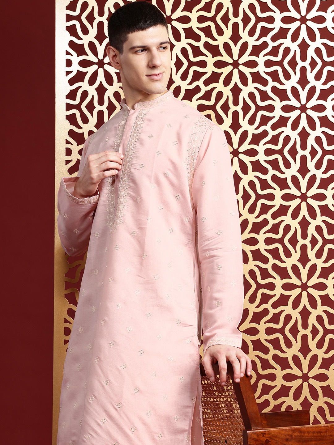 

MANQ Ethnic Motifs Embroidered Sequinned Pure Cotton Kurta with Churidar, Peach