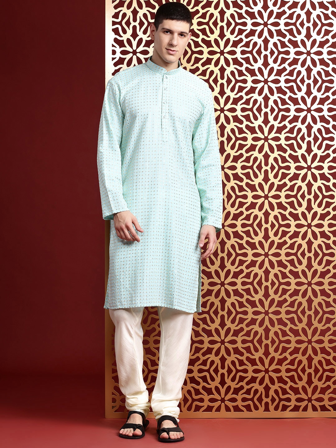 

MANQ Men Embroidered Sequinned Pure Cotton Kurta with Churidar, Turquoise blue