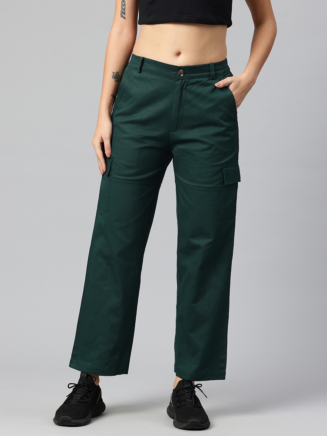 

Popnetic Women High-Rise Cargos Trousers, Green