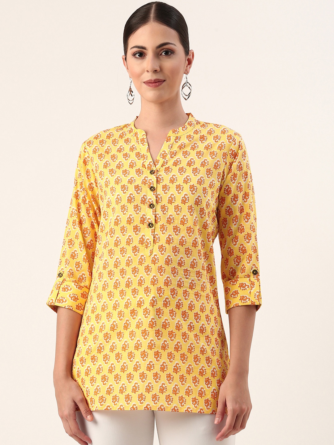 

AMUKTI Mandarin Collar Ethnic Motifs Cotton Tunic, Yellow