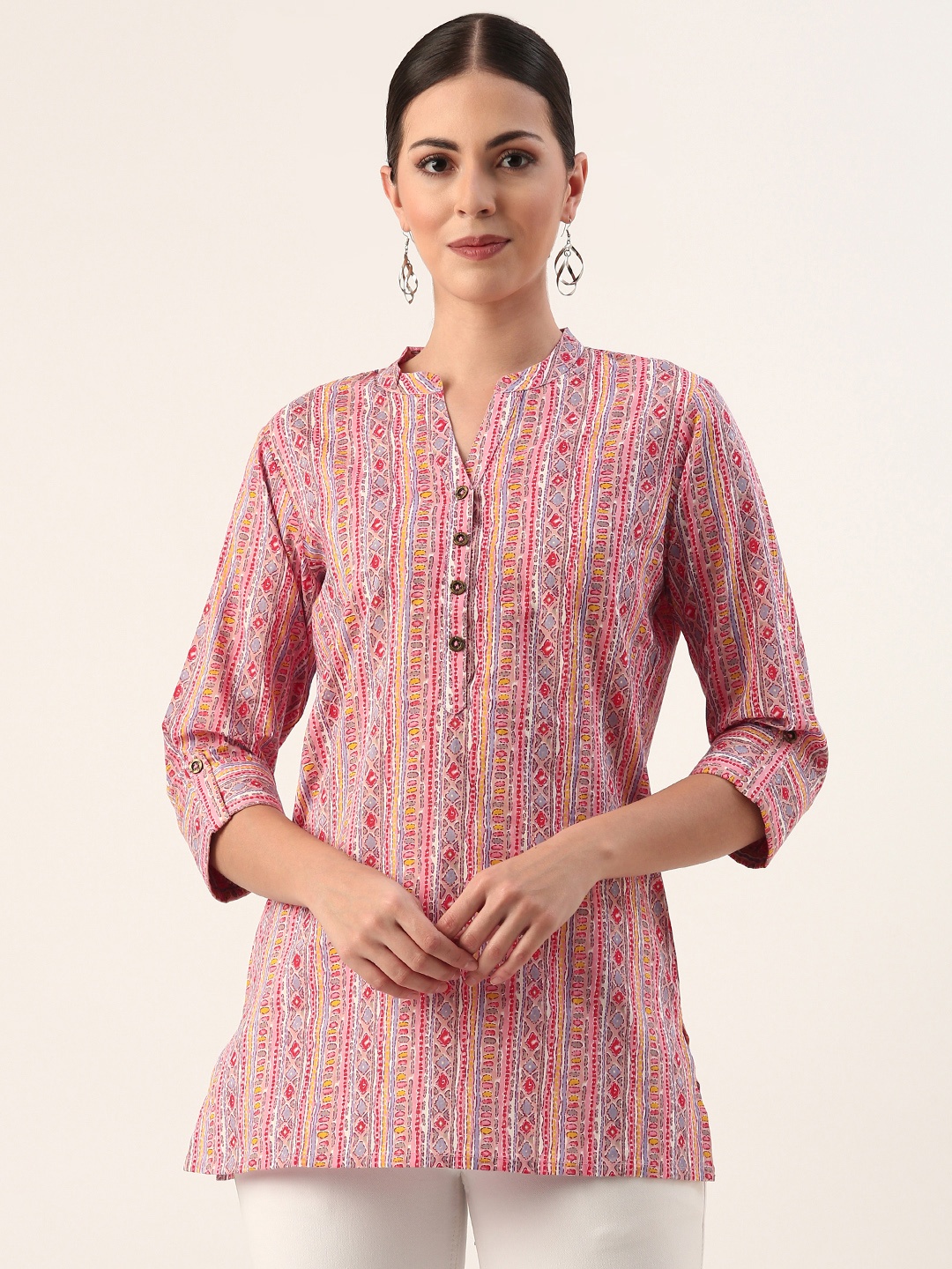 

AMUKTI Mandarin Collar Ethnic Motifs Cotton Tunic, Pink