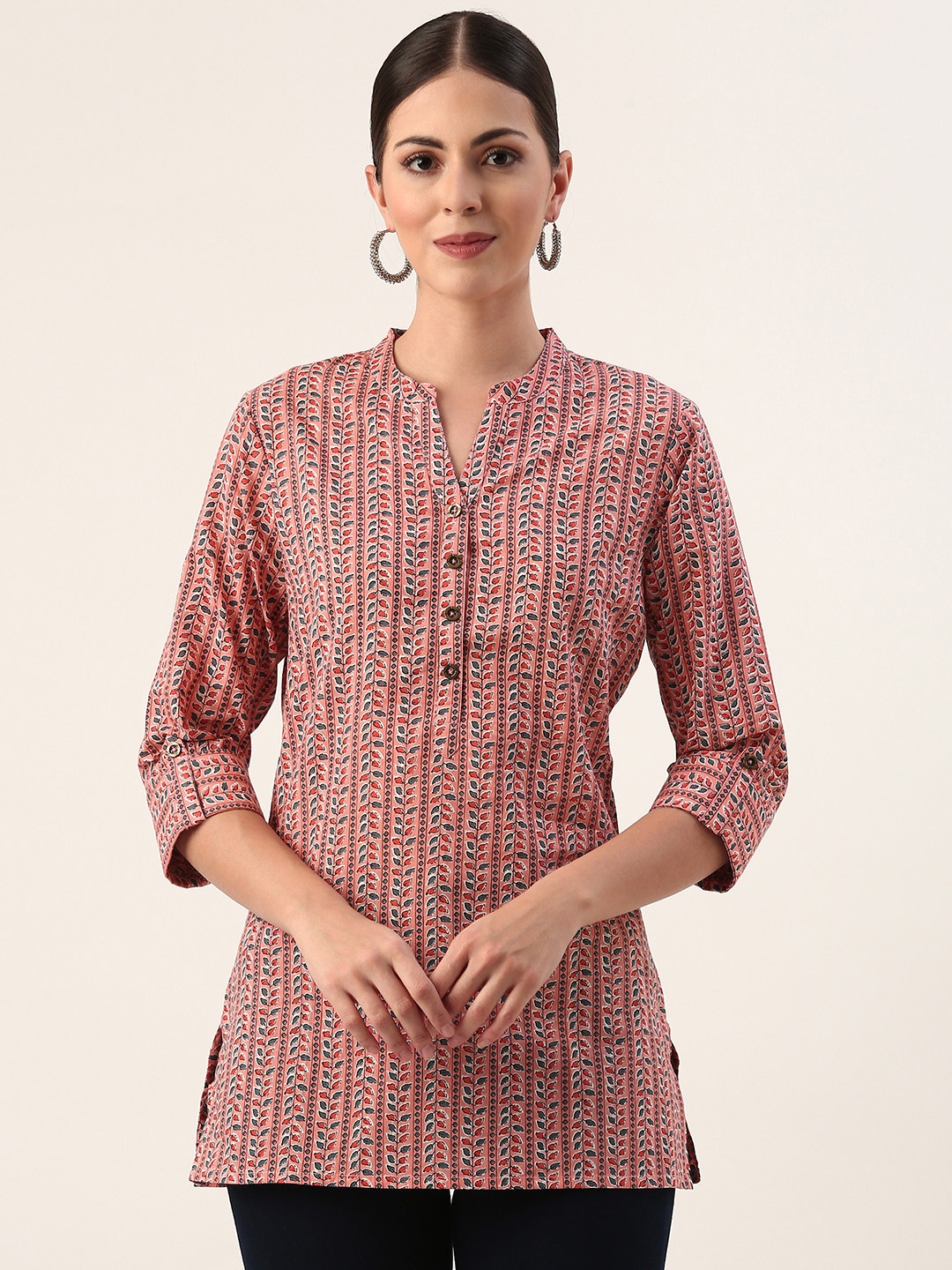 

AMUKTI Mandarin Collar Leaf Print Cotton Tunic, Pink