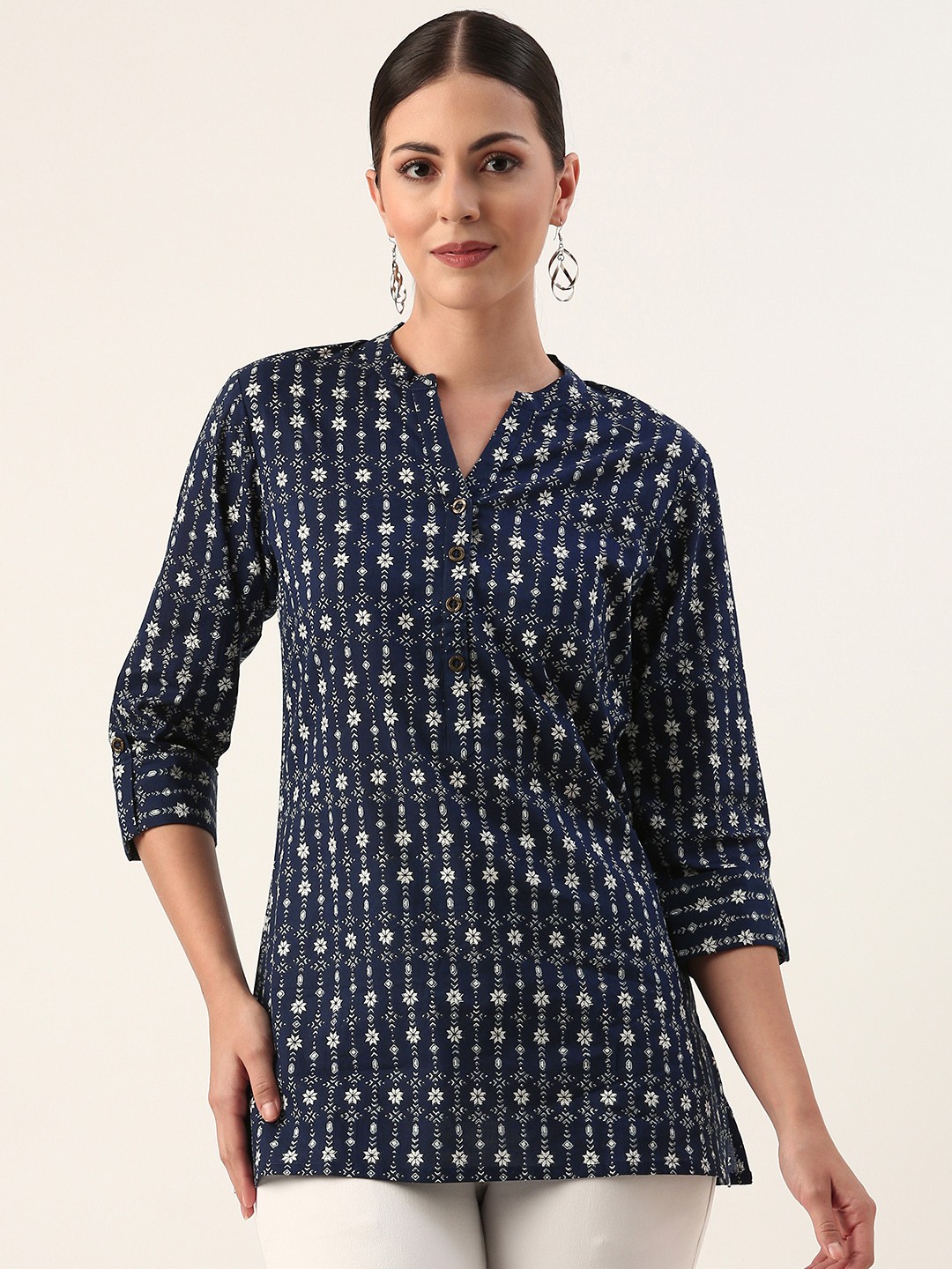 

AMUKTI Mandarin Collar Floral Print Cotton Tunic, Blue