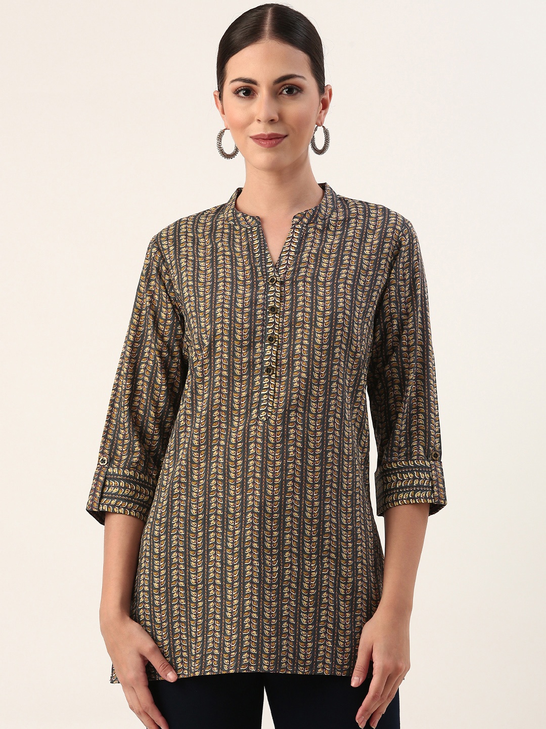 

AMUKTI Mandarin Collar Leaf Print Cotton Tunic, Grey