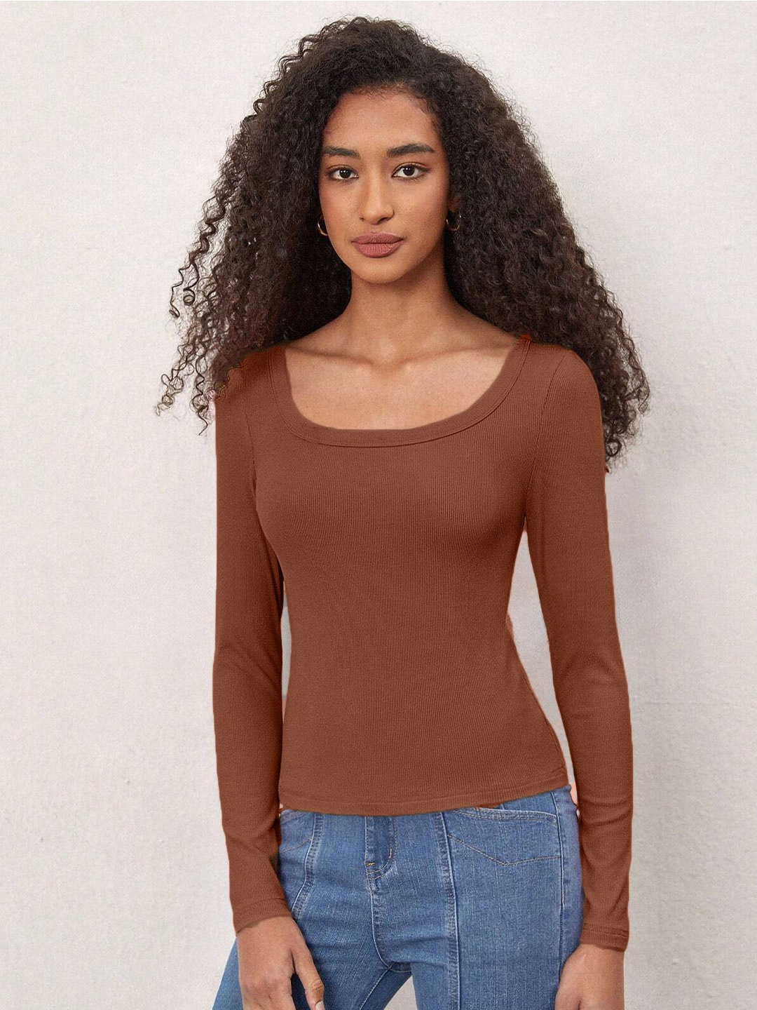 

Tivante Women Ribbed Cotton Crop Fitted Top, Brown