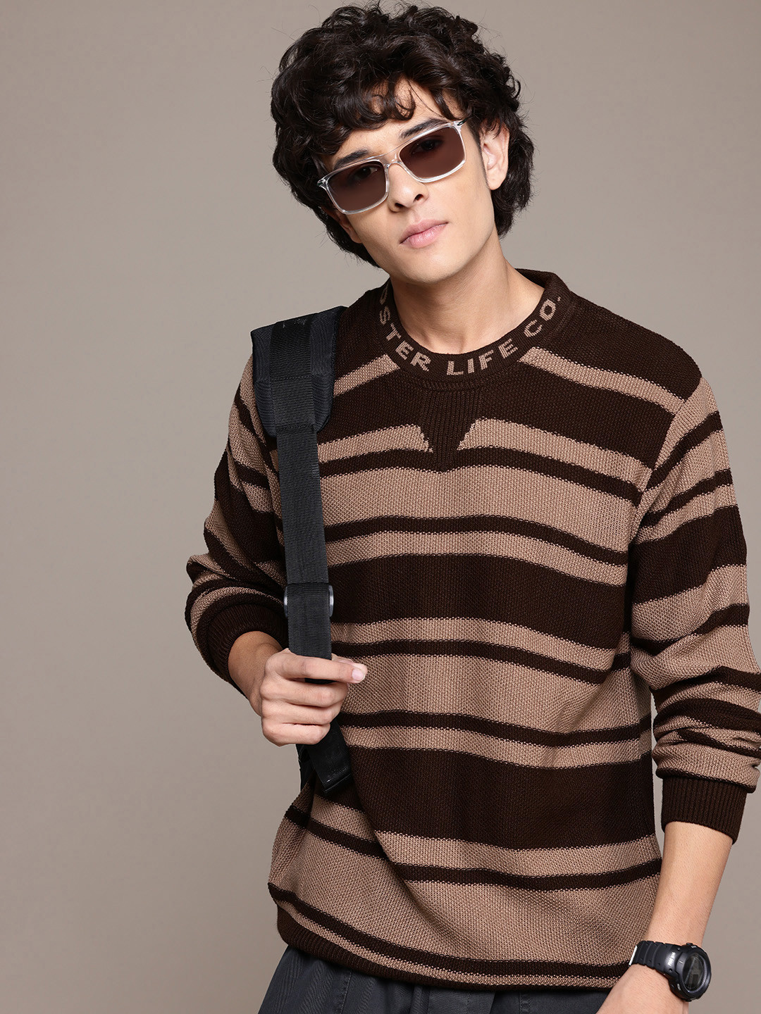

Roadster Men Striped Pullover, Coffee brown
