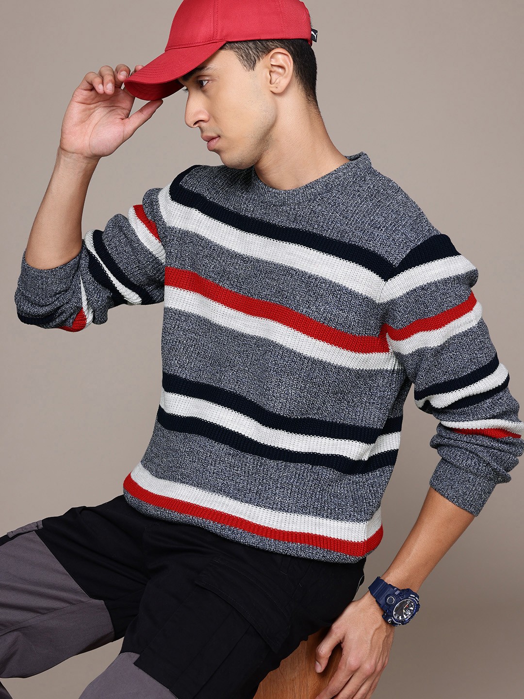 

Roadster Men Striped Longline Pullover, Blue