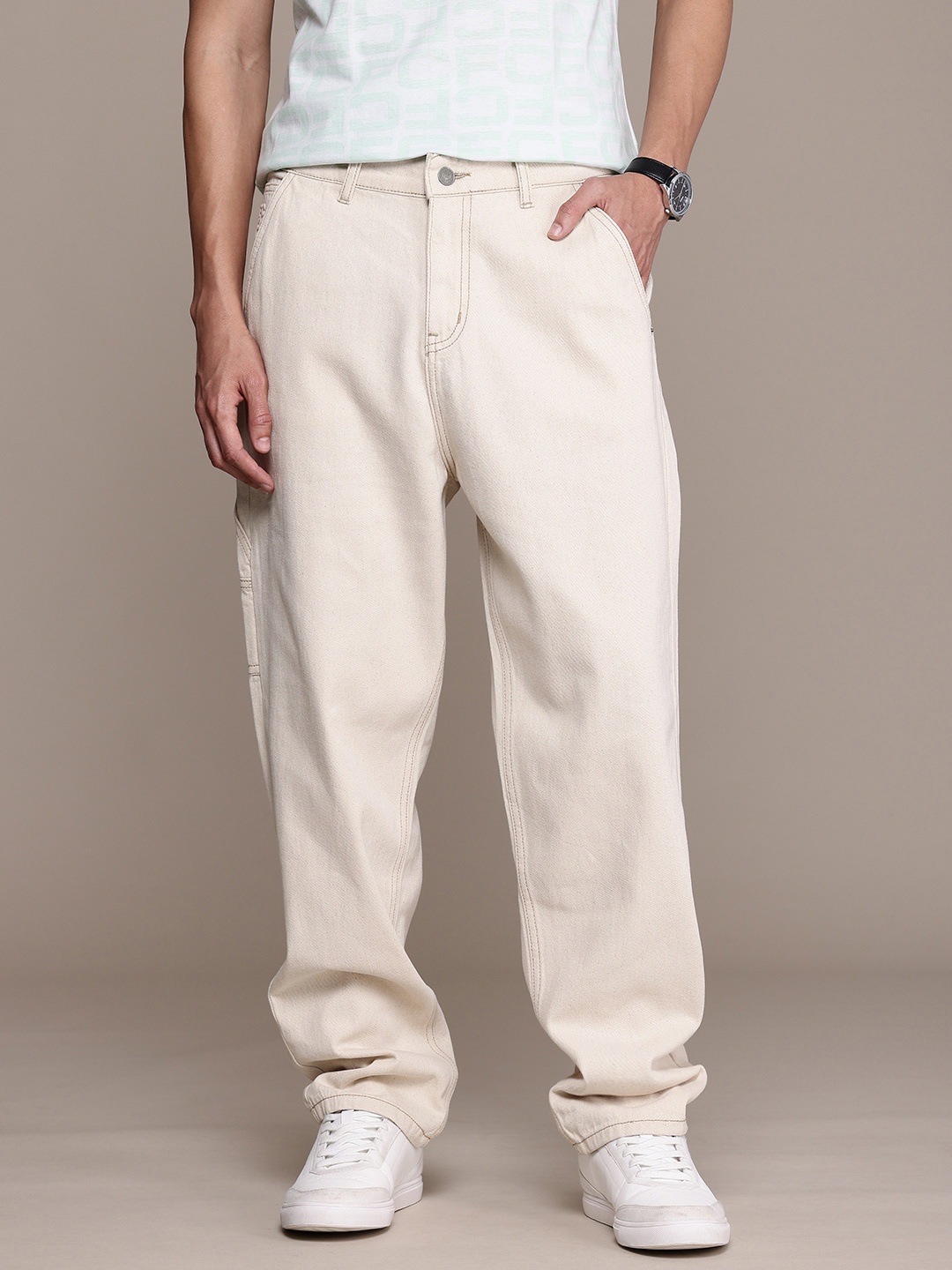 

French Connection Men Relaxed Fit No Fade Mid Rise Jeans, Off white