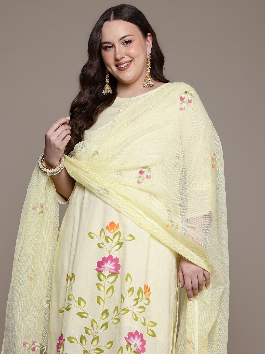 

Readiprint Fashions Floral Printed Pure Cotton Kurta with Palazzos & With Dupatta, Yellow