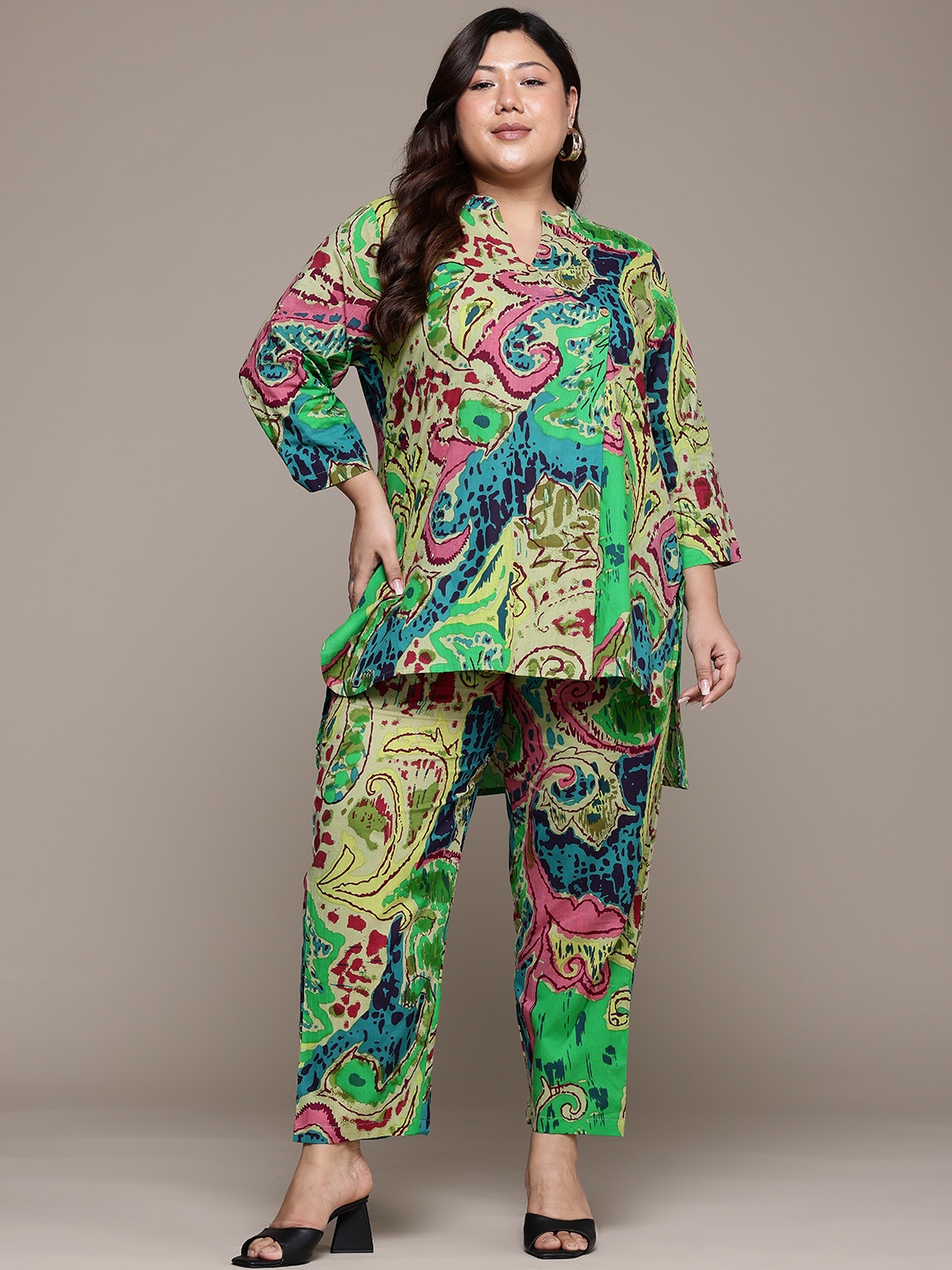 

Readiprint Plus Size Printed Pure Cotton Tunic With Trousers, Green