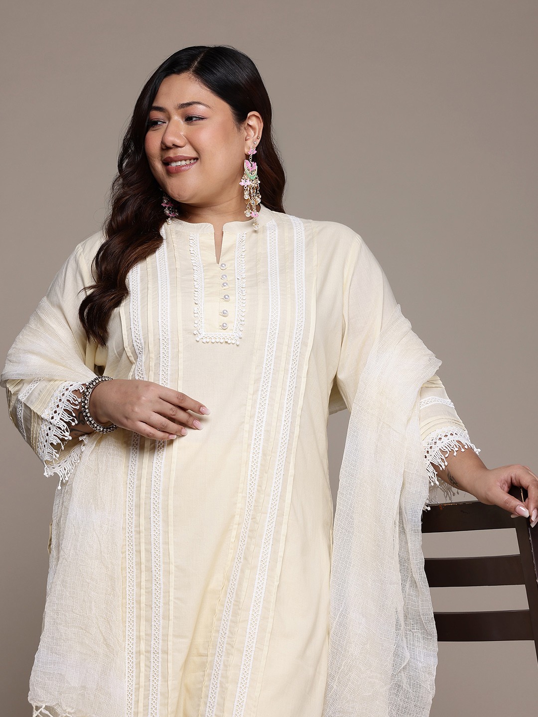 

Readiprint Plus Size Panelled Beads & Stones Pure Cotton Kurta Set, Cream