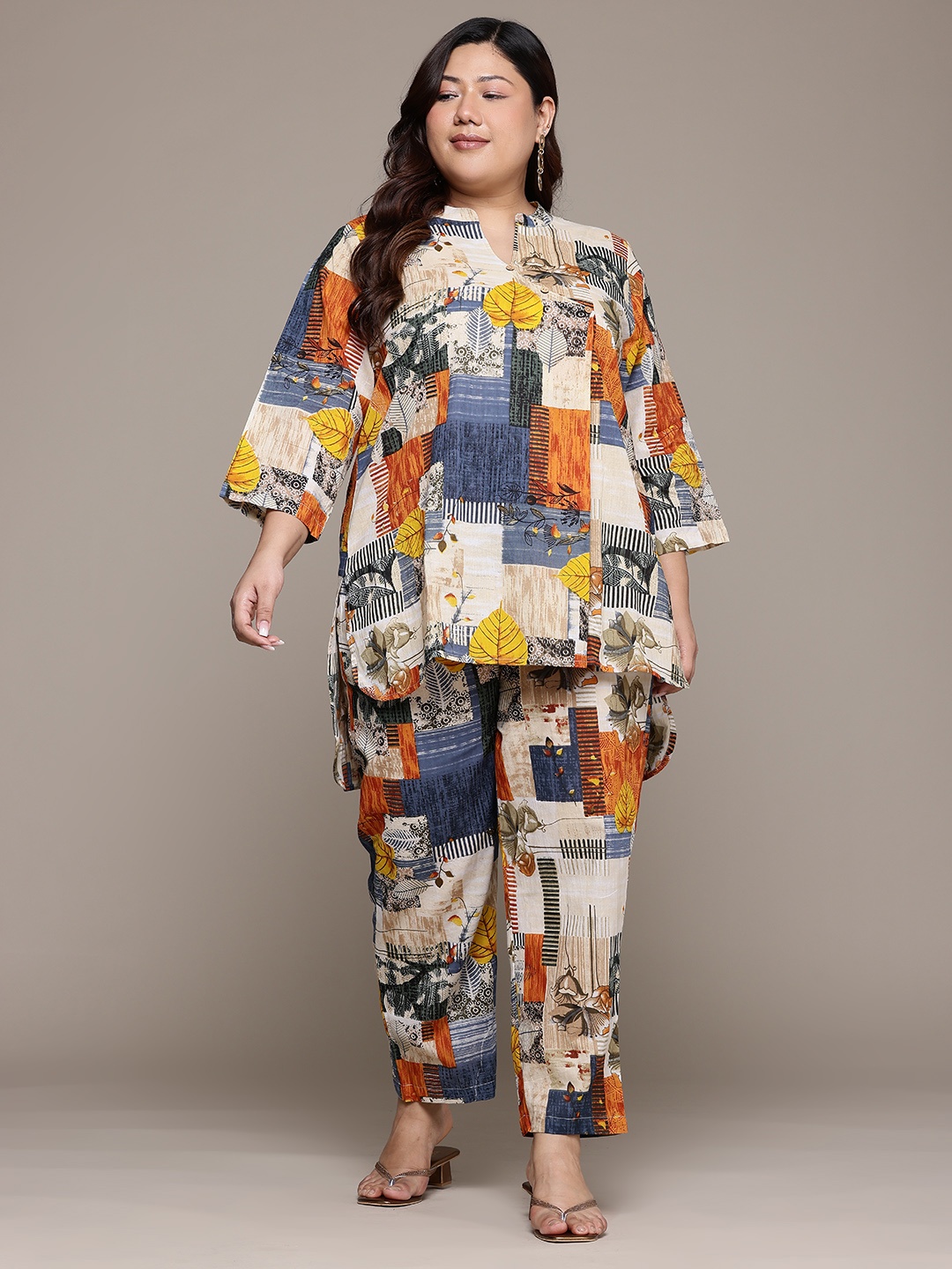 

Readiprint Plus Size Printed Pure Cotton Tunic With Trousers, Beige