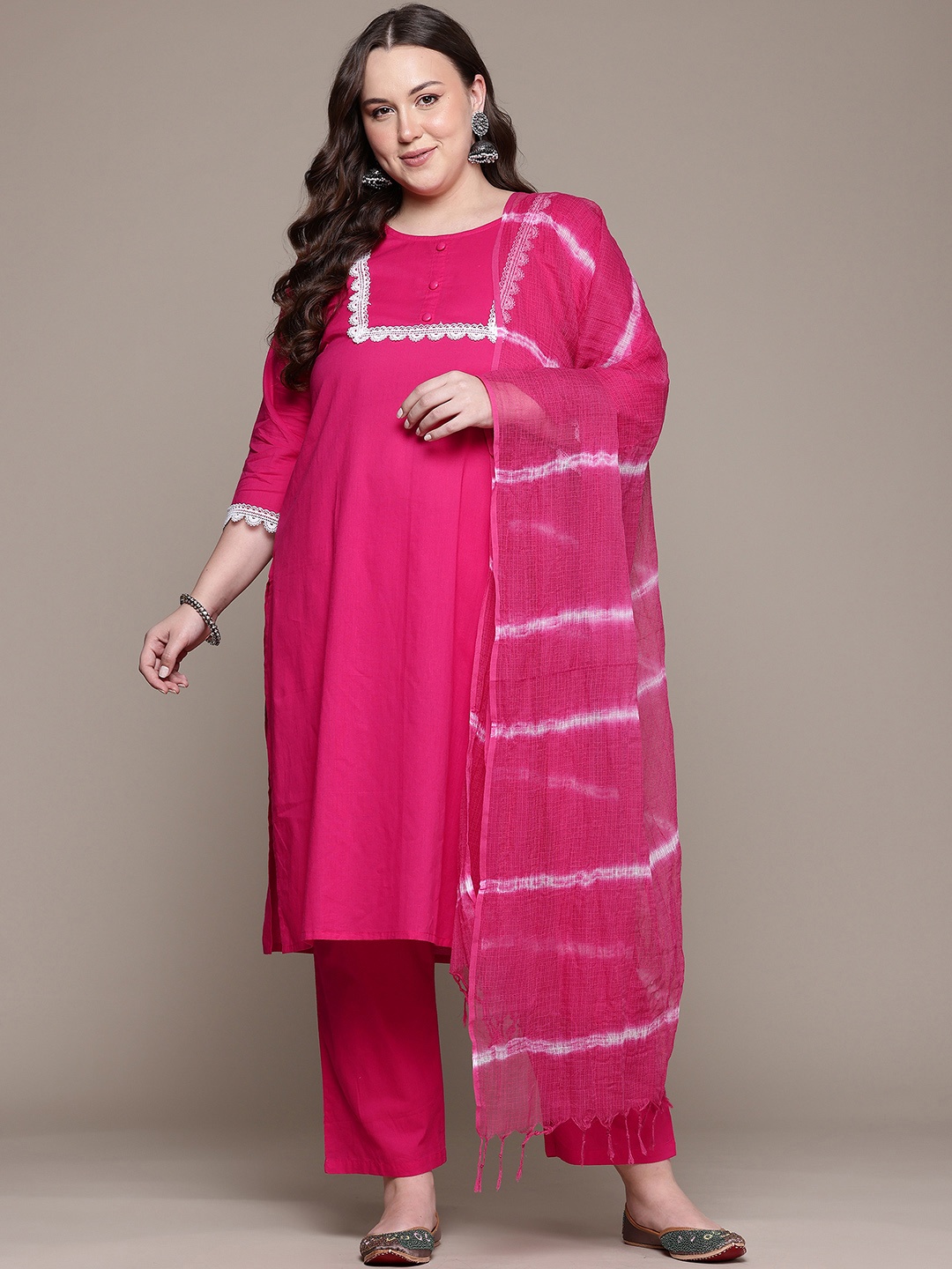 

Readiprint Plus Size Yoke Design Pure Cotton Kurta With Trousers & Dupatta, Magenta