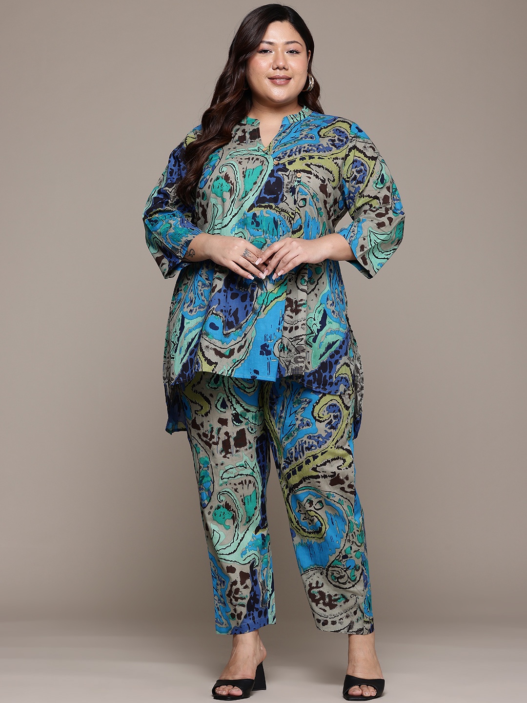 

Readiprint Plus Size Printed Pure Cotton Tunic With Trousers, Blue