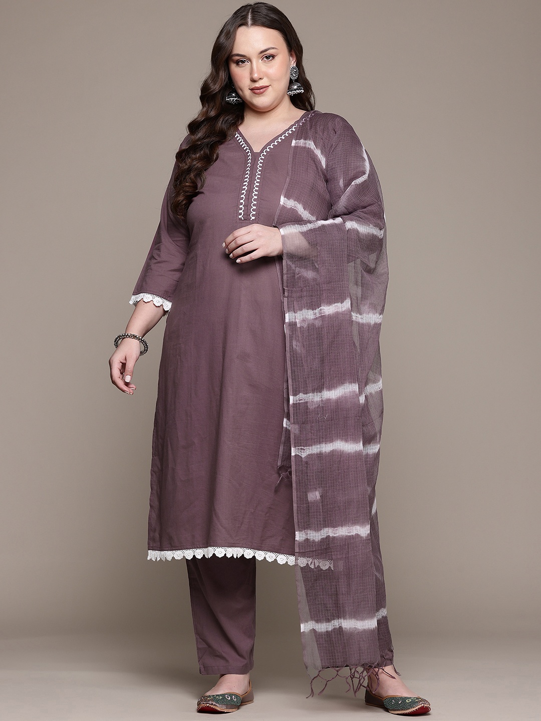 

Readiprint Plus Size Pure Cotton Kurta With Trousers & Dupatta, Mauve