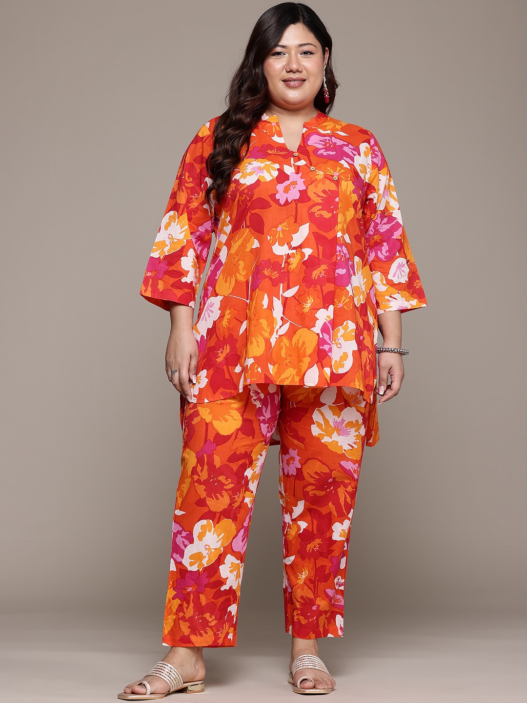 

Readiprint Plus Size Floral Printed Pure Cotton Tunic With Trousers, Orange