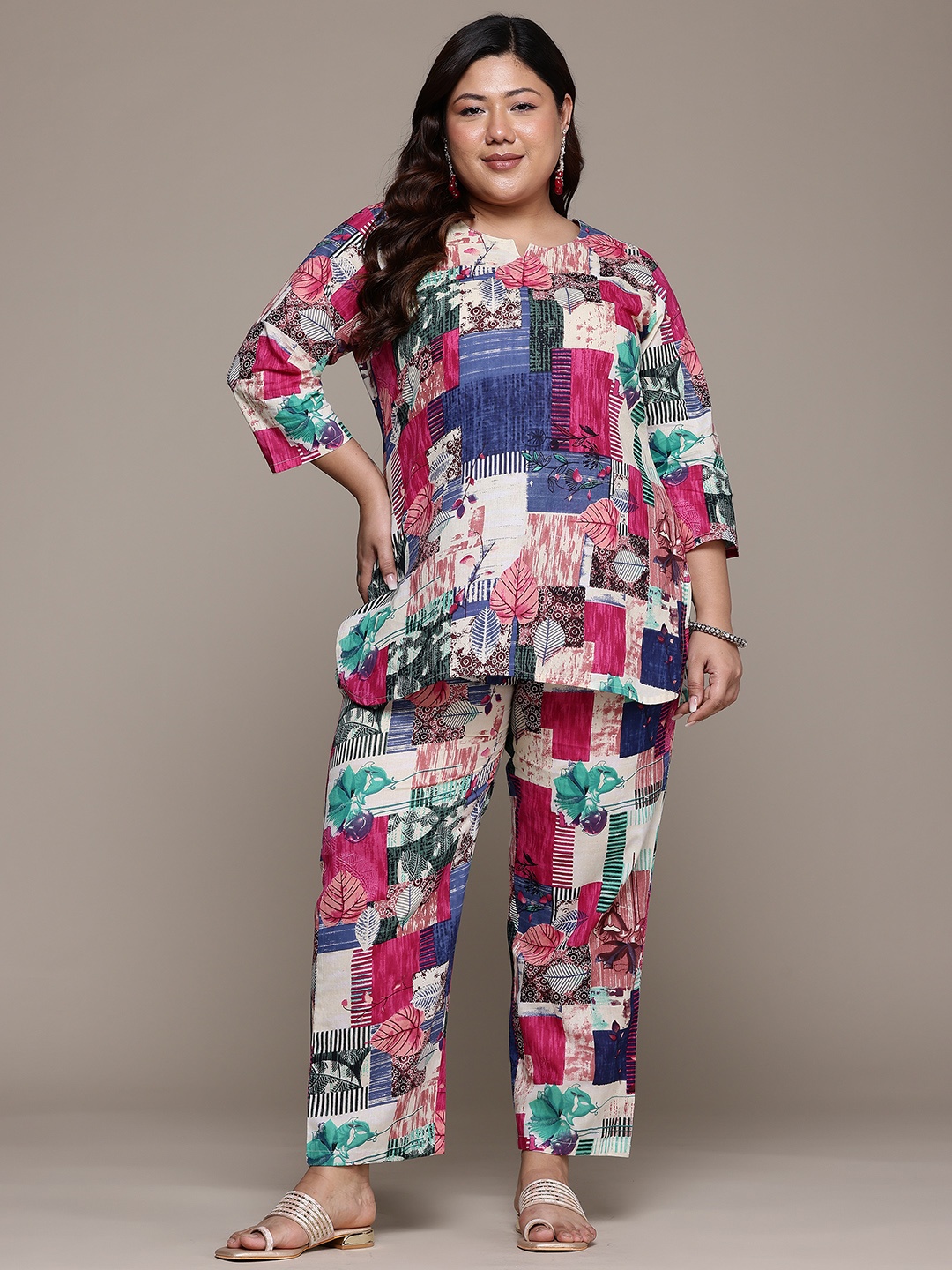

Readiprint Plus Size Printed Pure Cotton Tunic With Trousers, Multi