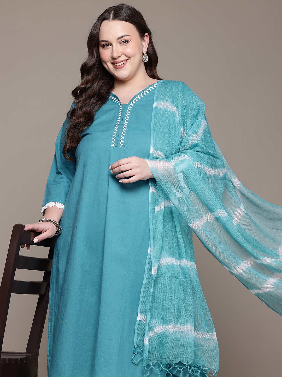 

Readiprint Floral Pure Cotton Kurta with Palazzos & With Dupatta, Teal