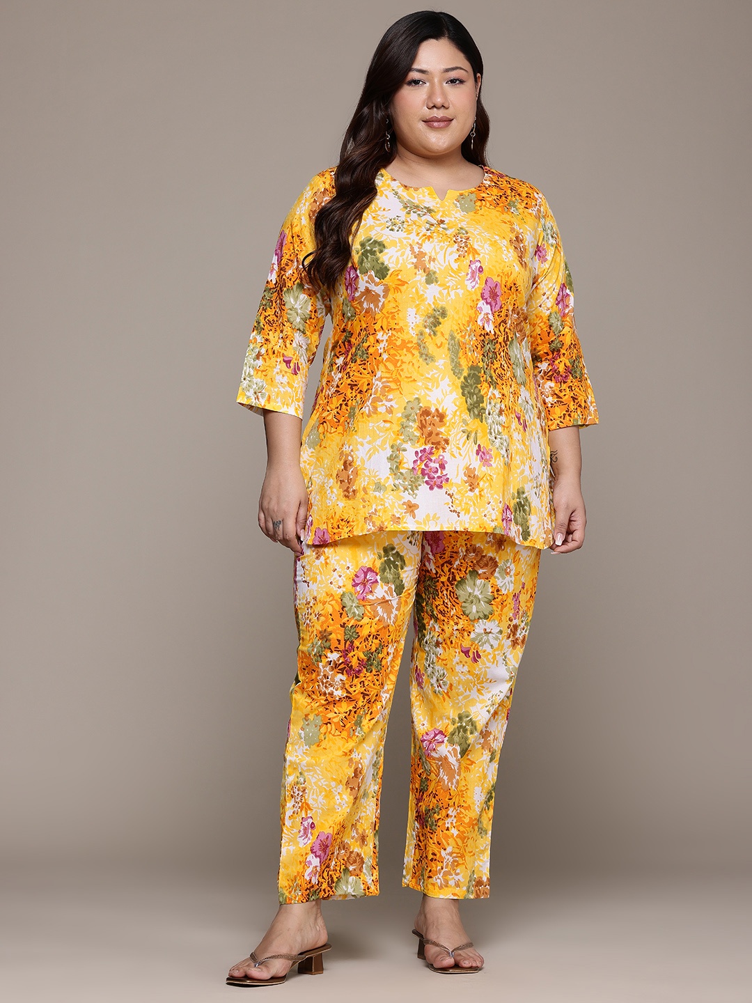 

Readiprint Plus Size Printed Pure Cotton Tunic With Trousers, Yellow