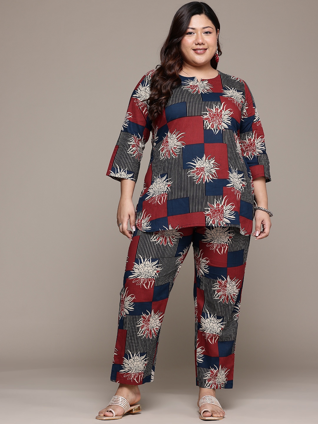 

Readiprint Plus Size Printed Pure Cotton Tunic With Trousers, Navy blue