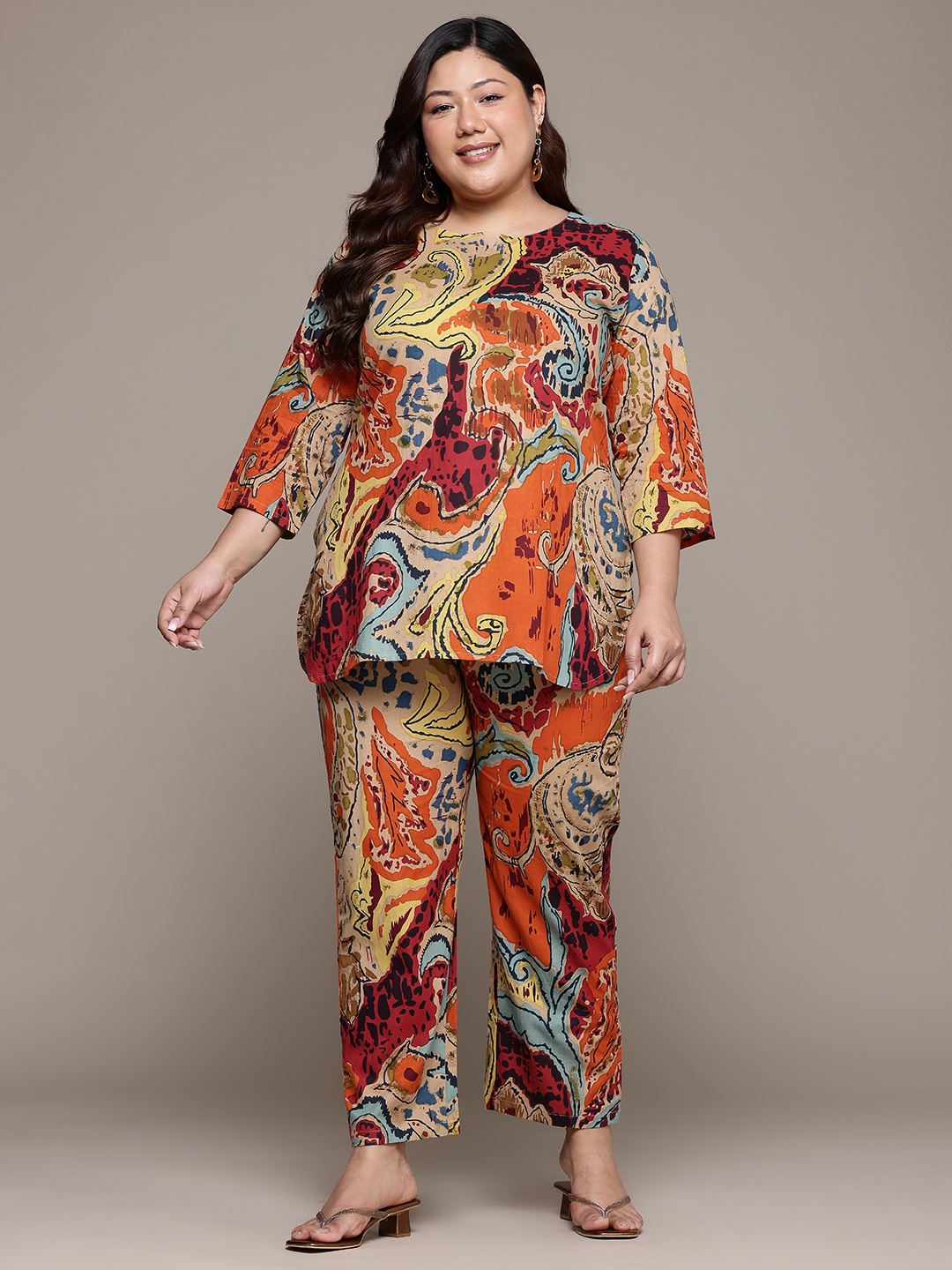 

Readiprint Plus Size Printed Pure Cotton Tunic With Trousers, Beige