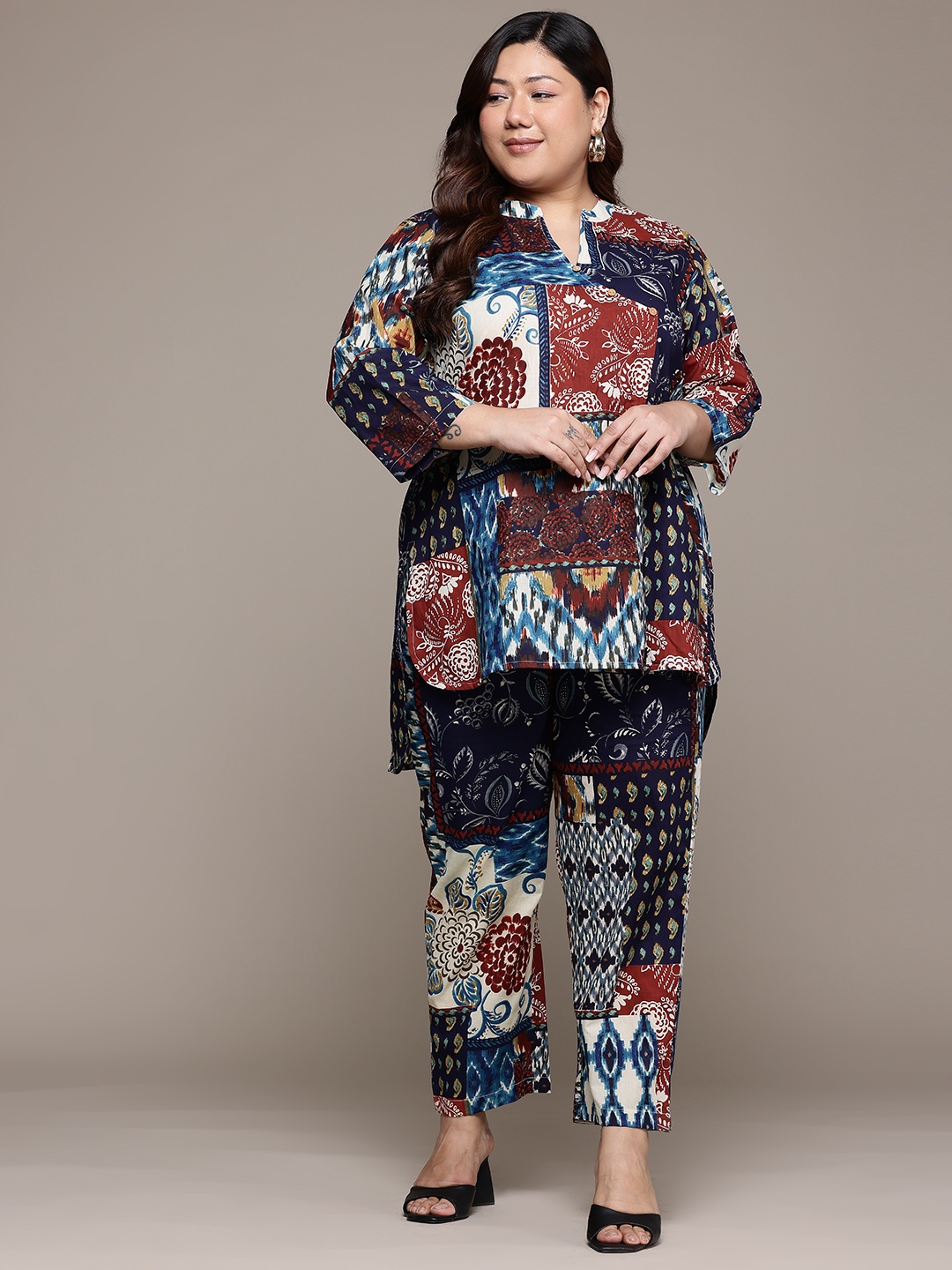 Readiprint Plus Size Printed Pure Cotton Tunic With Trousers, Navy blue
