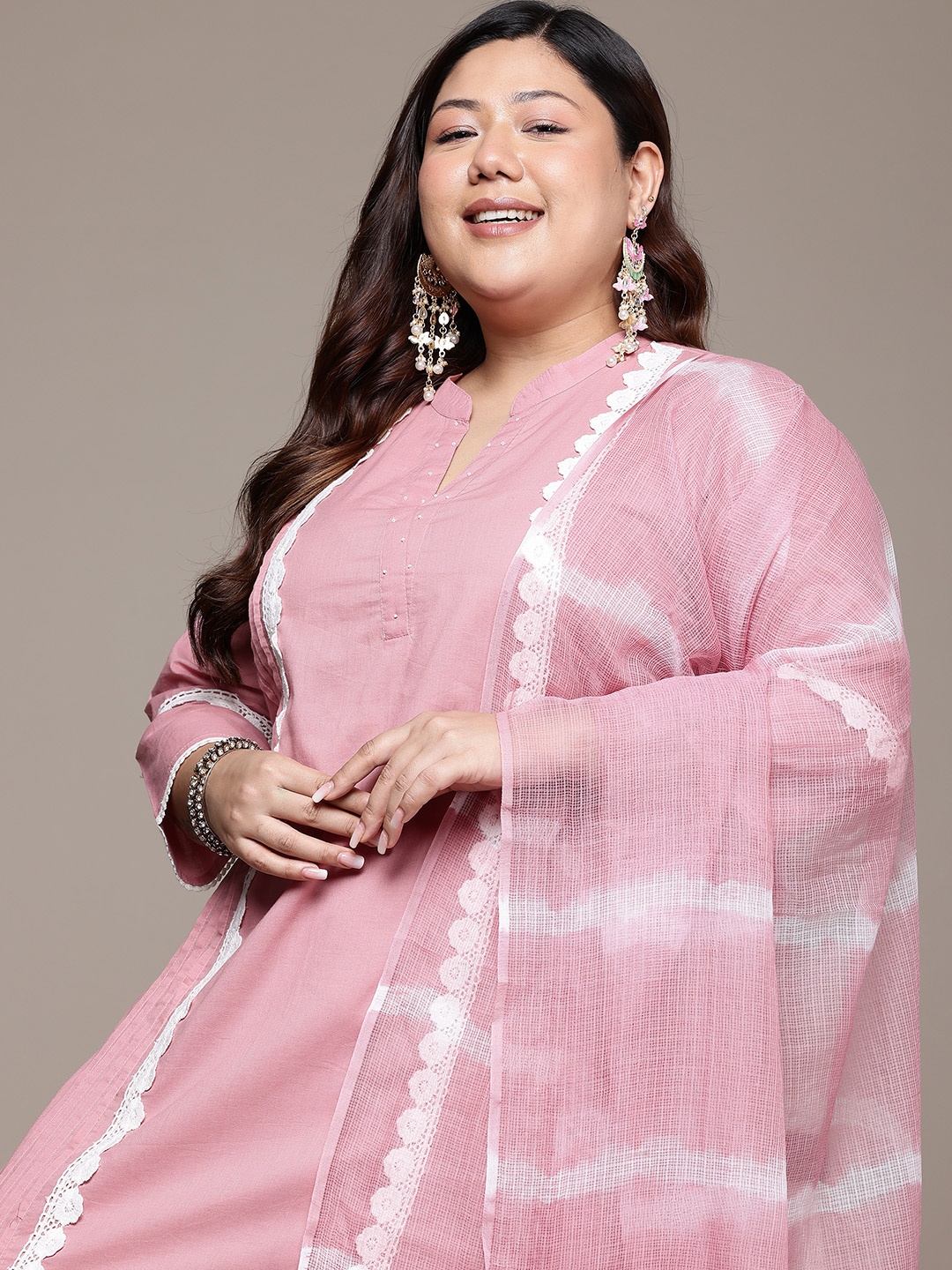 

Readiprint Plus Size Floral Panelled Beads & Stones Pure Cotton Kurta Set, Mauve