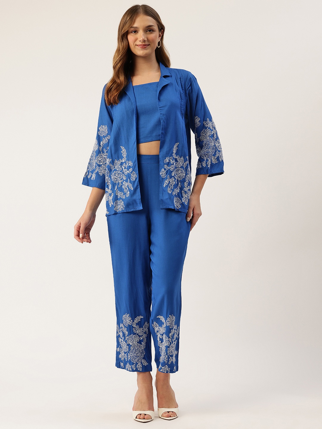 

MISRI Embroidered Top with Trousers & Jacket, Blue