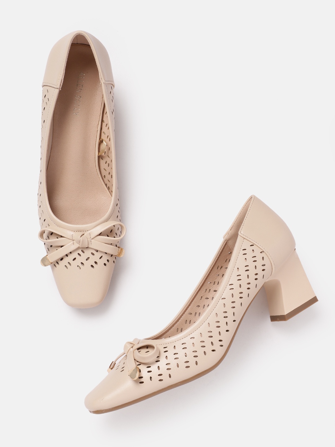 

Allen Solly Laser Cuts Block Heeled Pumps with Bows, Beige