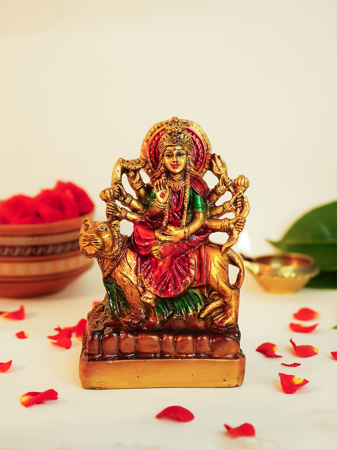 

Ekhasa Gold-Toned & Green Durga Maa Religious Idol Showpiece