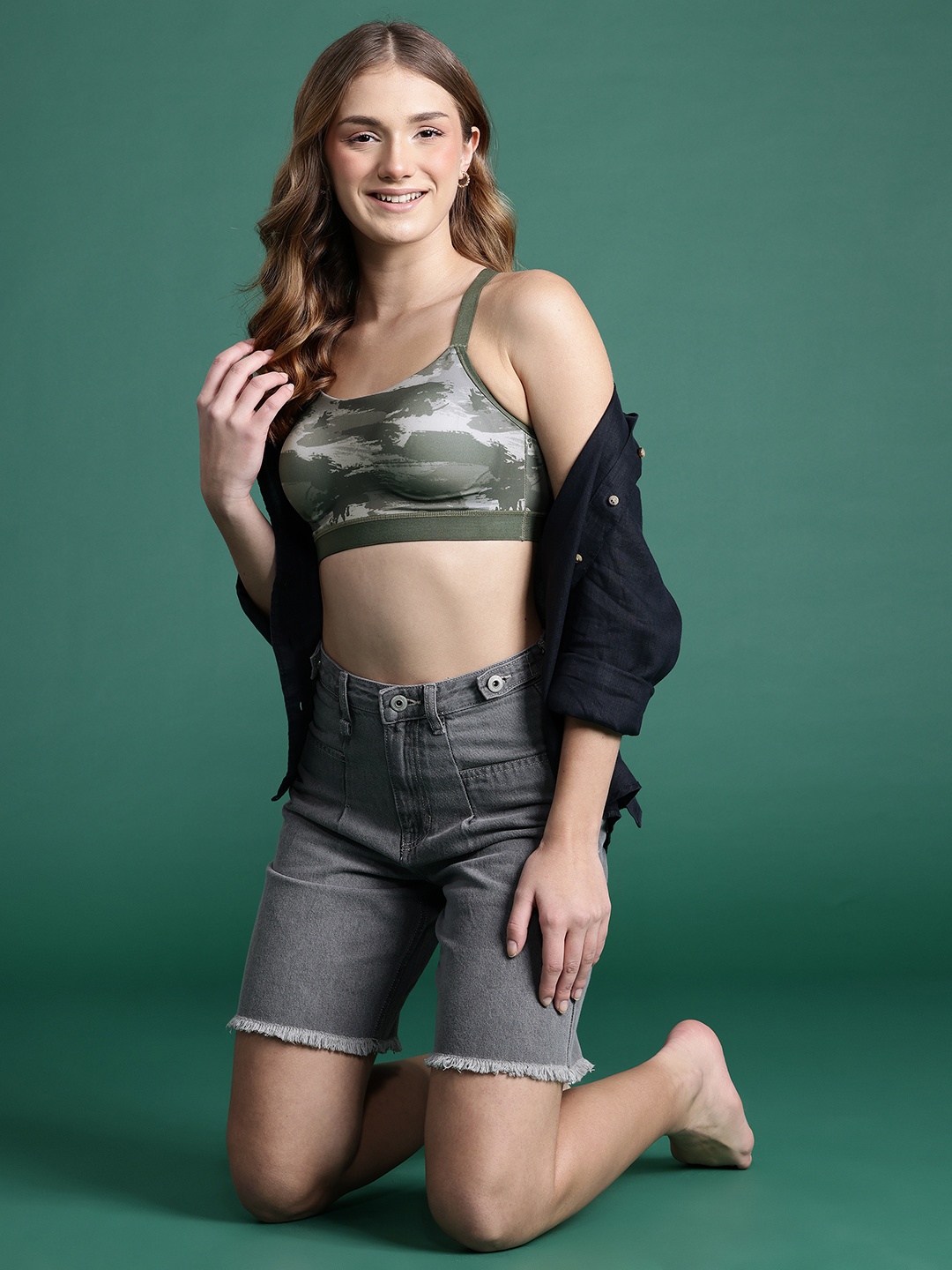 

DressBerry Abstract Printed Full Coverage Lightly Padded Workout Bra, Olive