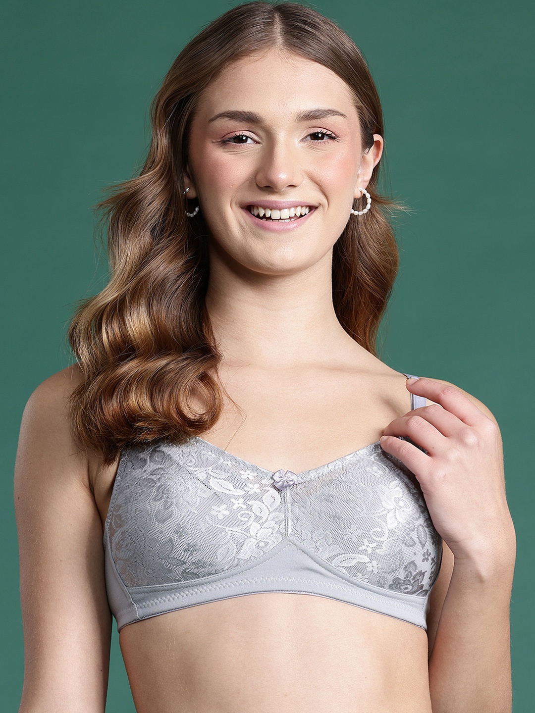 

DressBerry Floral Laced Full Coverage Bra, Grey