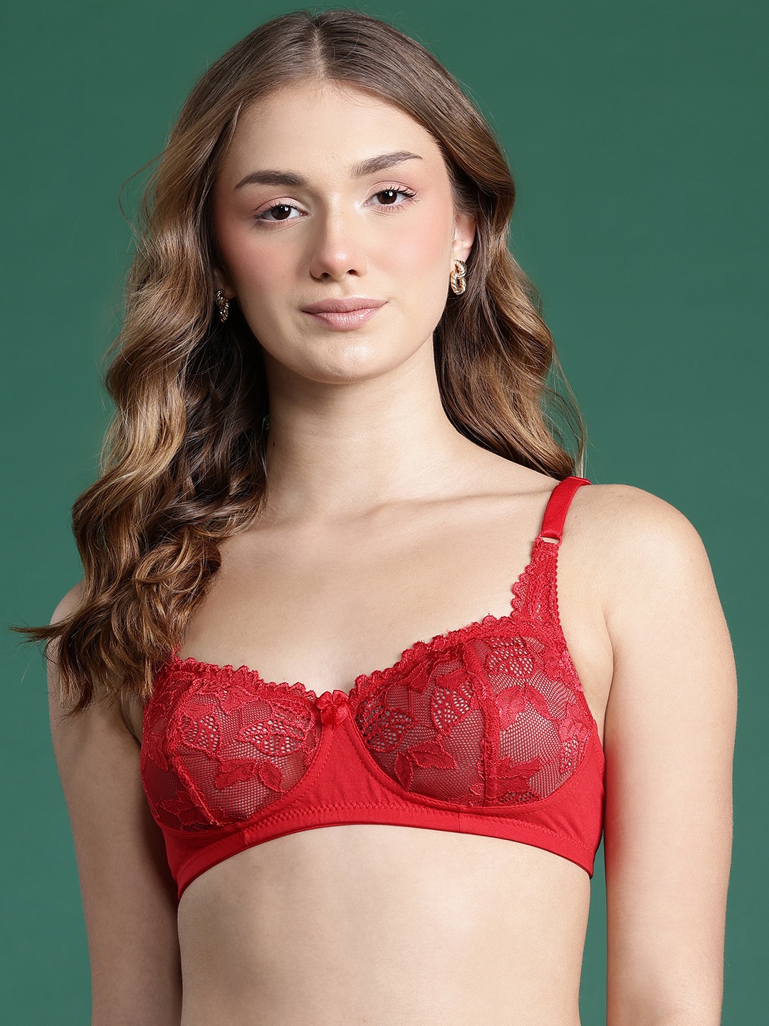 

DressBerry Floral Laced Full Coverage Bra, Red