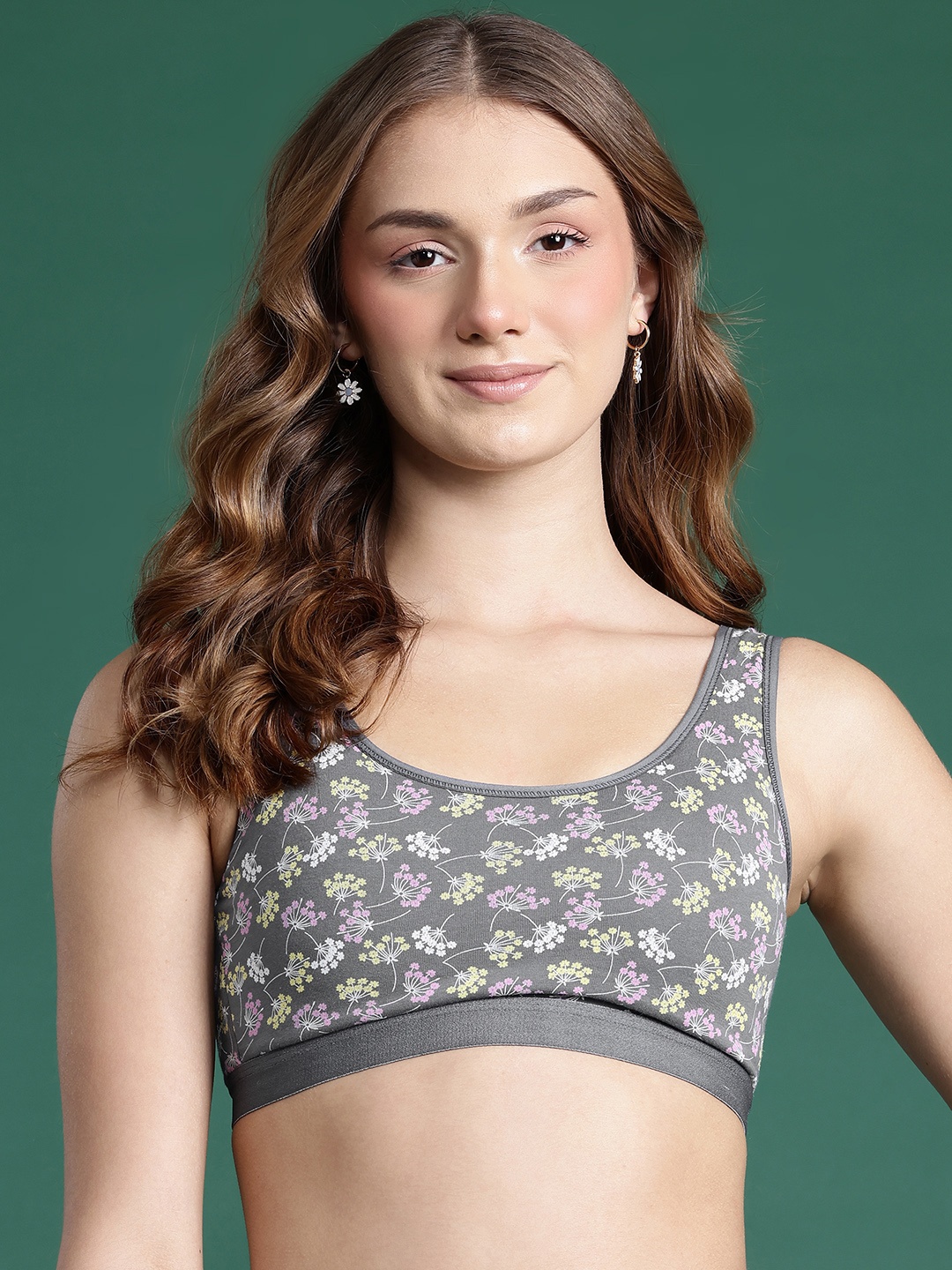 

DressBerry Floral Printed Full Coverage Lightly Padded Beginners Bra, Grey