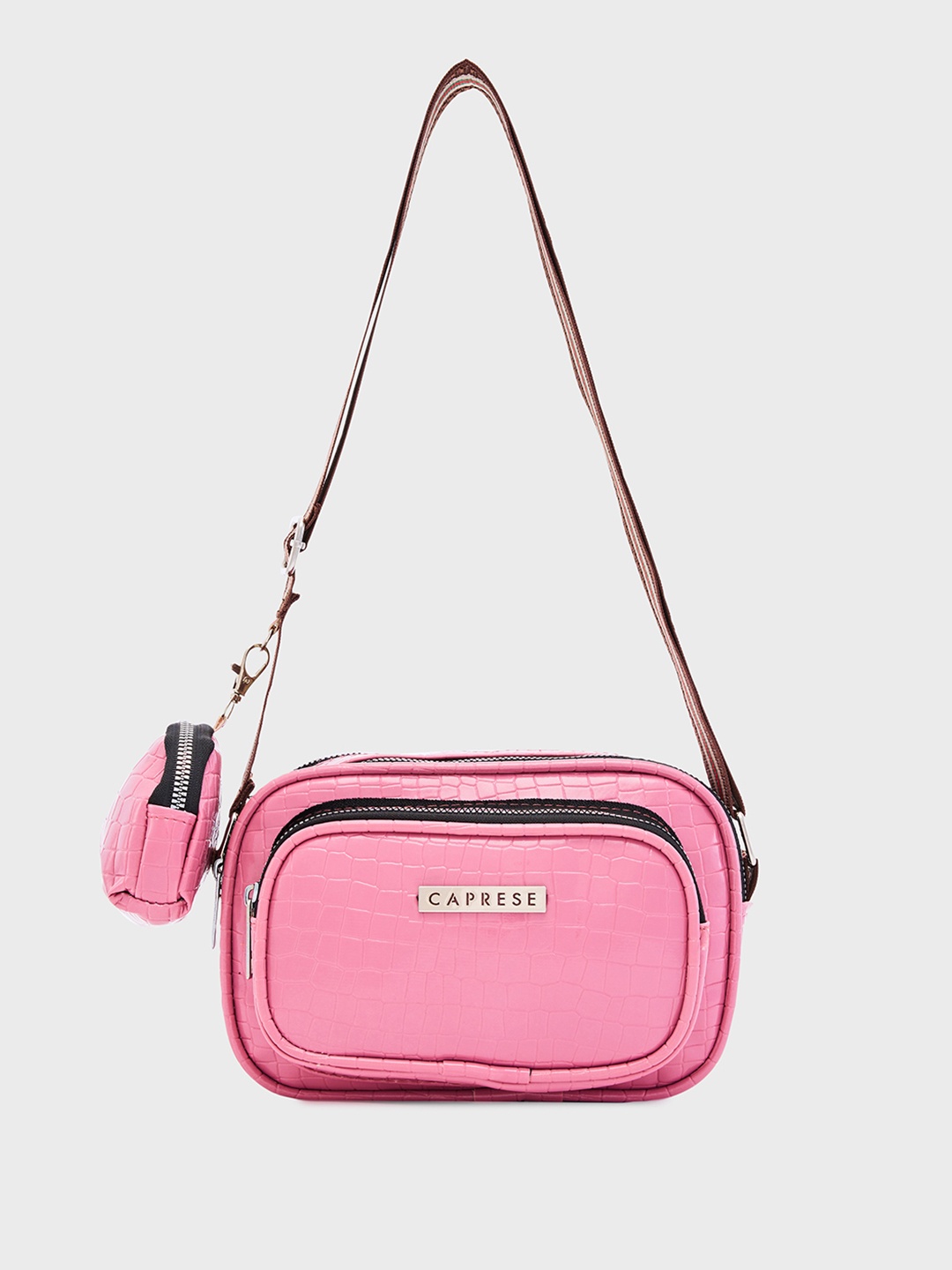 

Caprese Croc Textured Sling Bag With Pouch, Pink