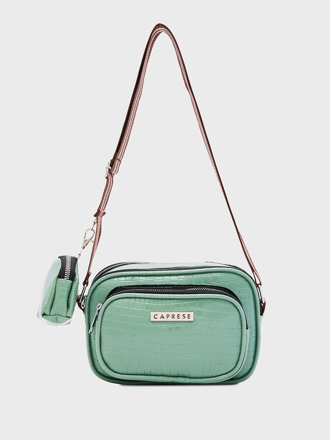 

Caprese Croc Textured Sling Bag With Pouch, Green