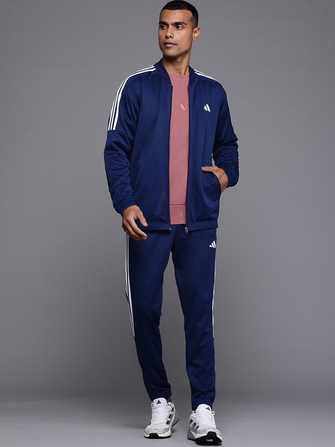 

ADIDAS Striped Detail Drop-Shoulder Sleeves 3S Plain Jacket with Joggers, Navy blue