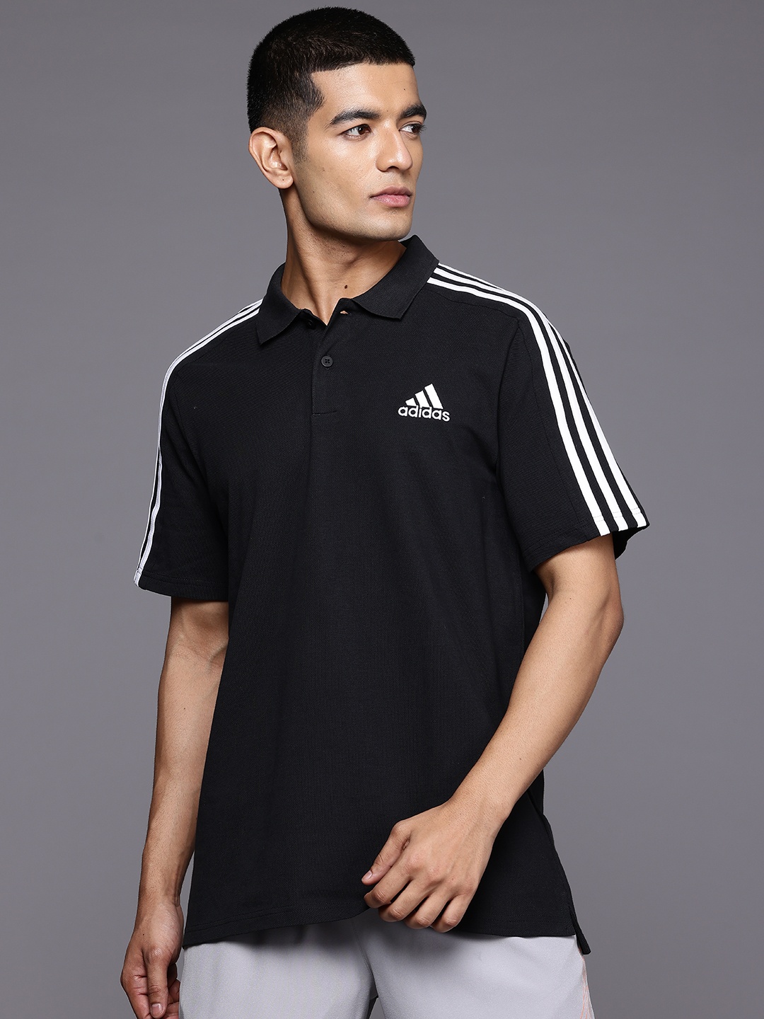 

ADIDAS 3-Stripes Pique Pure Cotton Polo Collar T-shirt, Black