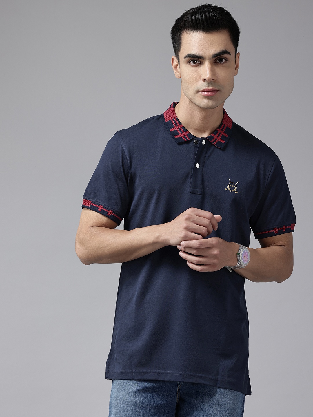 ColorPlus Polo Collar Pure Cotton T-shirt, Navy blue