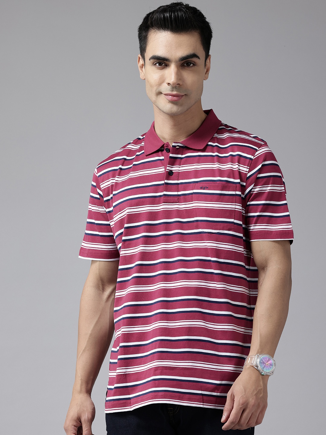 

ColorPlus Striped Polo Collar Pure Cotton T-shirt, Pink