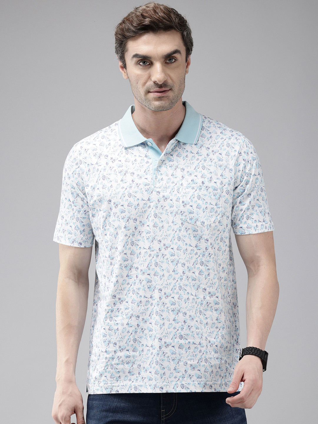 

ColorPlus Floral Printed Polo Collar Pure Cotton T-shirt, Blue