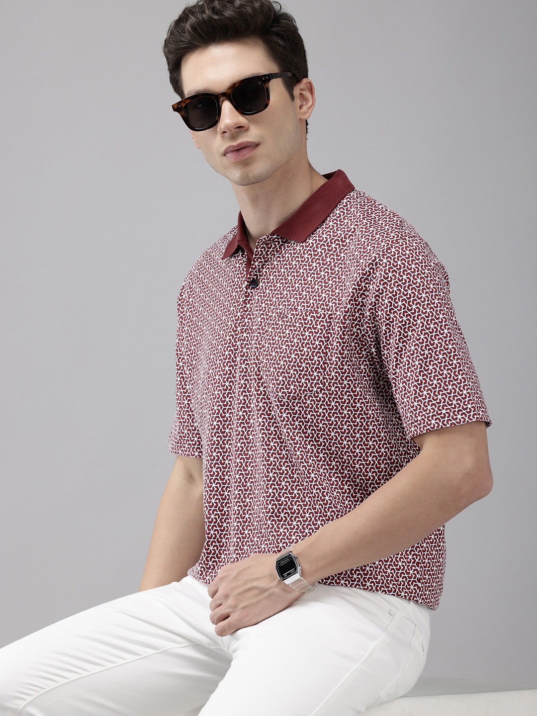 

ColorPlus Geometric Printed Polo Collar Pure Cotton T-shirt, Maroon